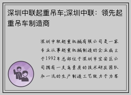 深圳中联起重吊车;深圳中联：领先起重吊车制造商
